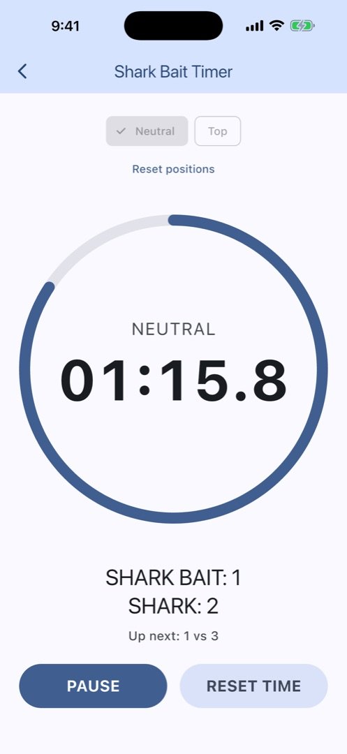 Shark Bait timer: a large blue ring counting down 1:15 in Neutral, with Shark Bait 1 versus Shark 2 and the next pairing shown