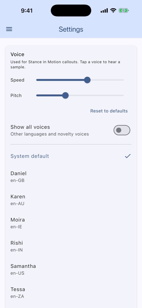 Voice settings with speed and pitch sliders and a list of voices